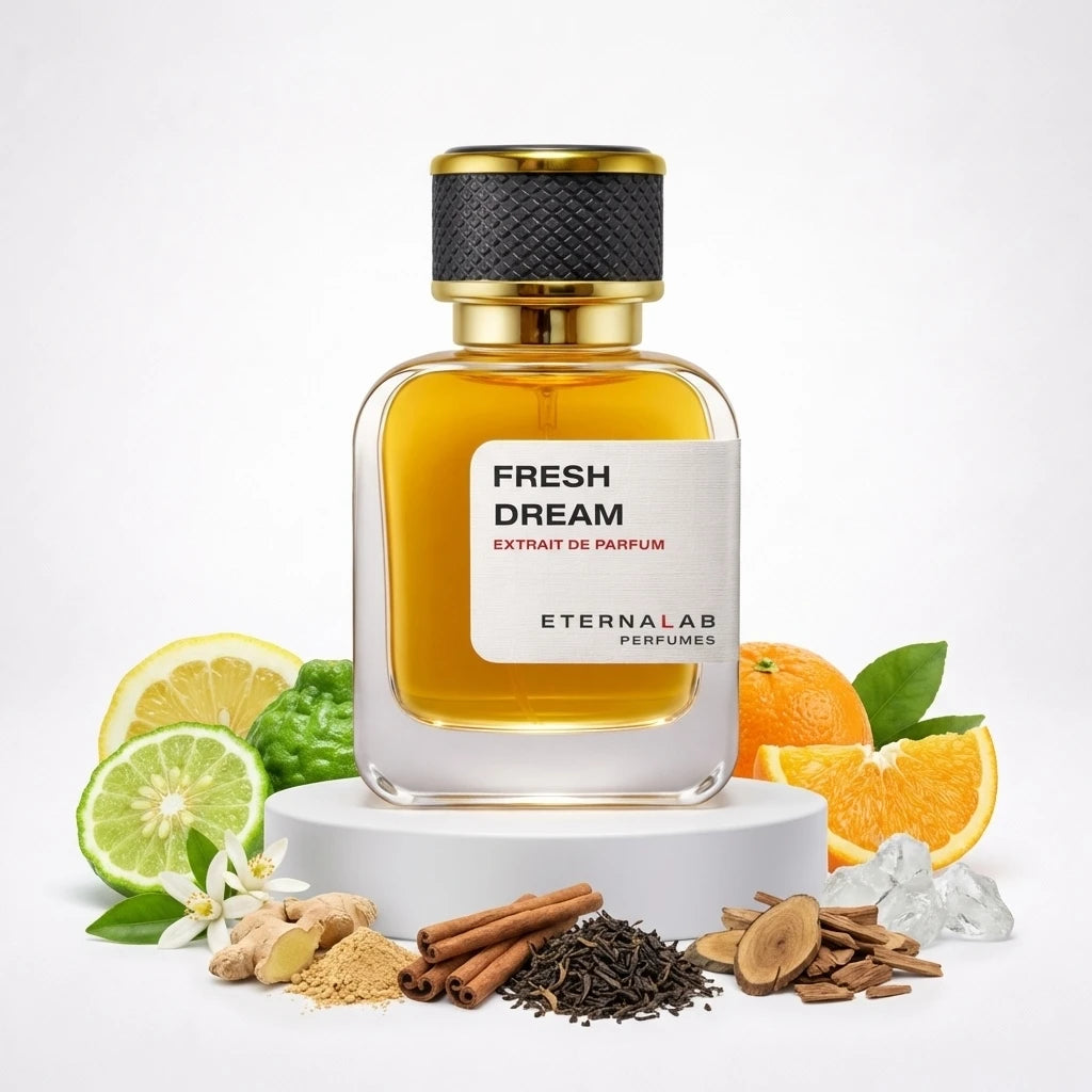 Eterna Lab "Fresh Dream" perfume bottle with citrus fruits, ginger, cinnamon, tea, cedarwood, and ice for a fresh scent.