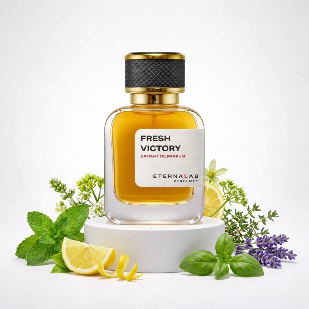 Eterna Lab Fresh Victory Extrait de Parfum bottle with fresh lemon, mint, basil, and lavender botanicals.