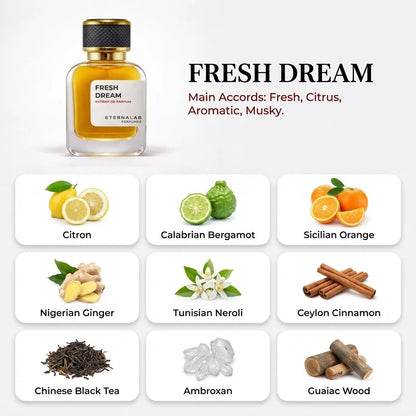 Eterna Lab Fresh Dream perfume with citron, bergamot, orange, ginger, neroli, cinnamon, tea, ambroxan, guaiac wood.