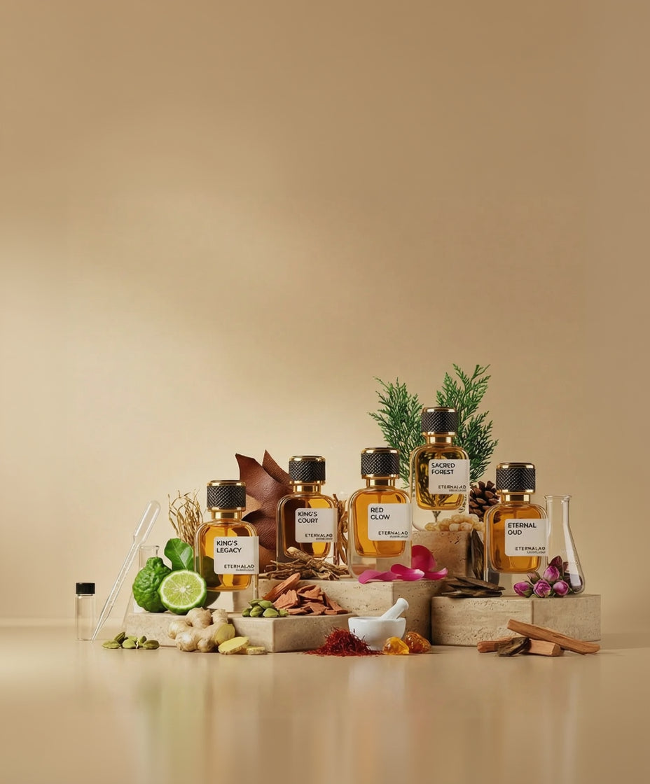 Collection of bottles and ingredients on a beige background