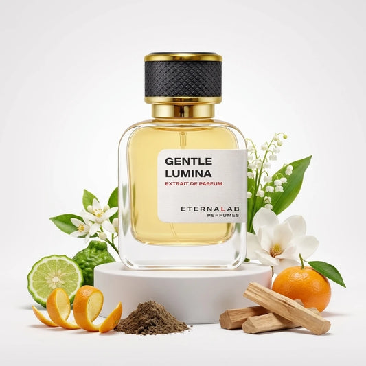Eterna Lab Gentle Lumina perfume bottle with bergamot, mandarin, lily of the valley, magnolia, and sandalwood notes.