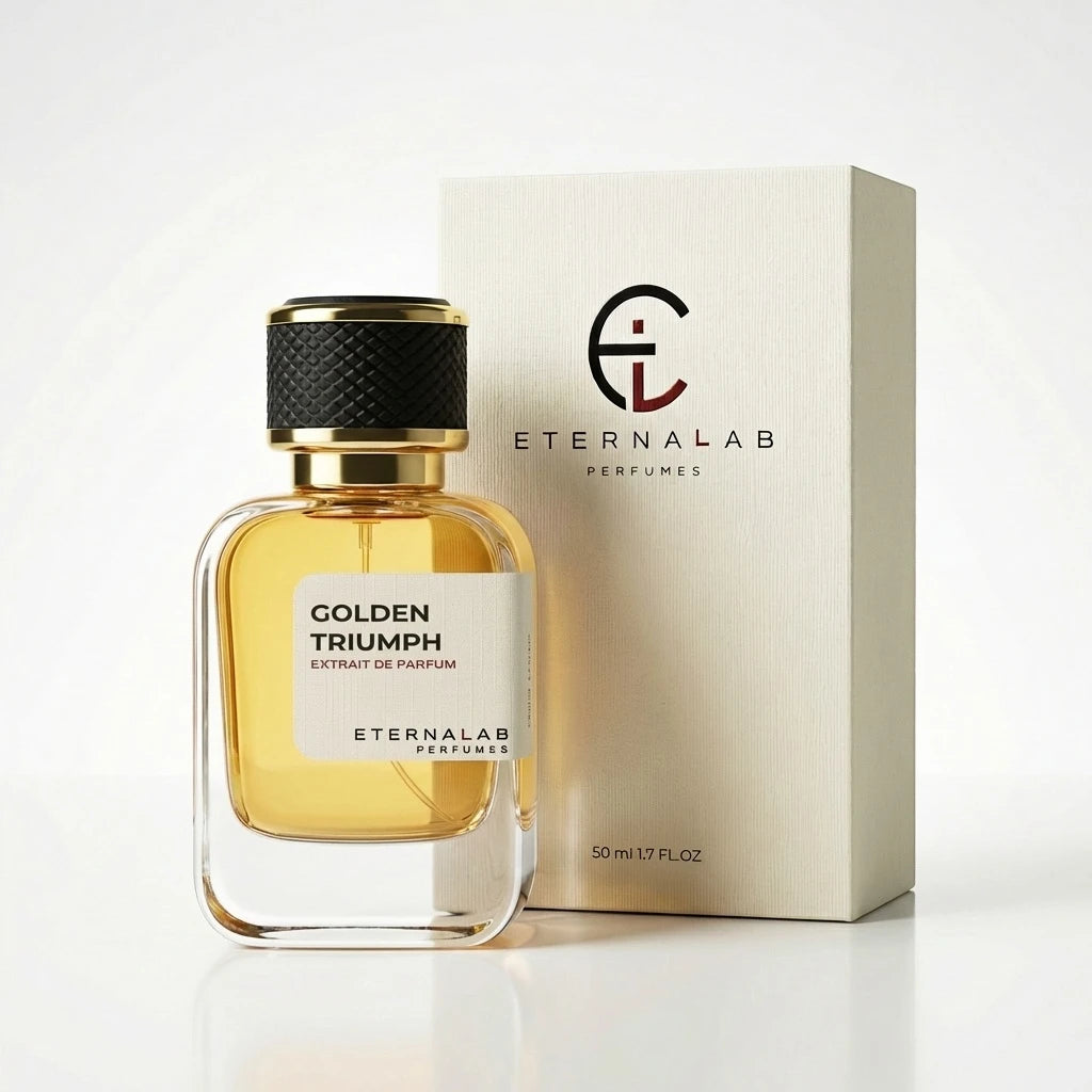 Eterna Lab Golden Triumph Extrait de Parfum in a clear bottle, evoking a bold, luxurious, and triumphant fragrance.