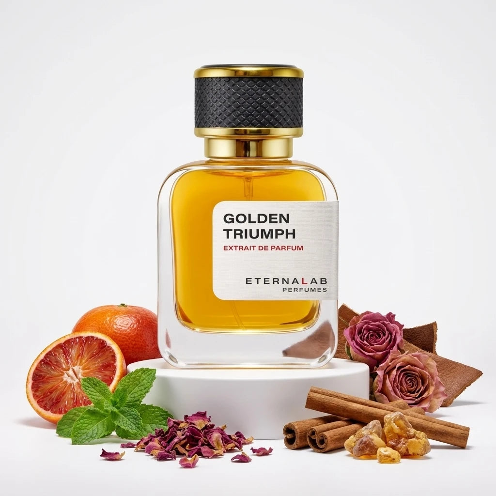 Eterna Lab Golden Triumph perfume bottle with blood orange, mint, dried roses, cinnamon, woody notes, and amber.