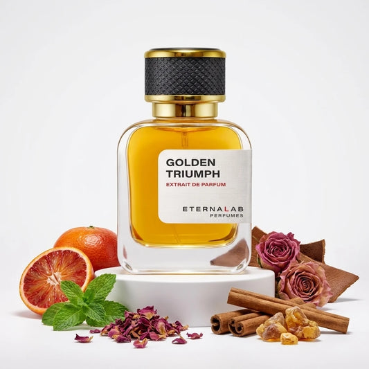 Eterna Lab Golden Triumph perfume bottle with blood orange, mint, dried roses, cinnamon, woody notes, and amber.