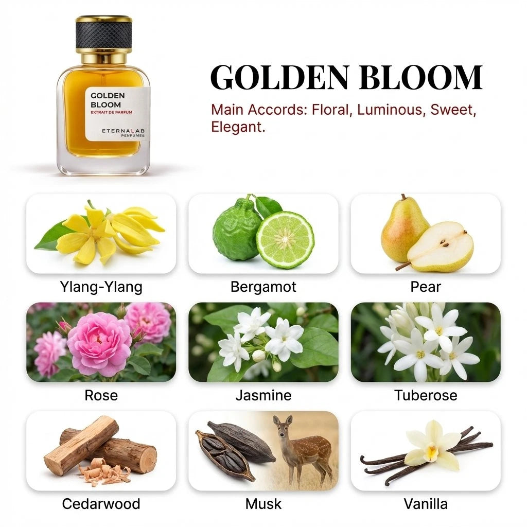 Eterna Lab Golden Bloom perfume bottle, with notes including ylang-ylang, pear, rose, jasmine, cedarwood, musk, and vanilla.