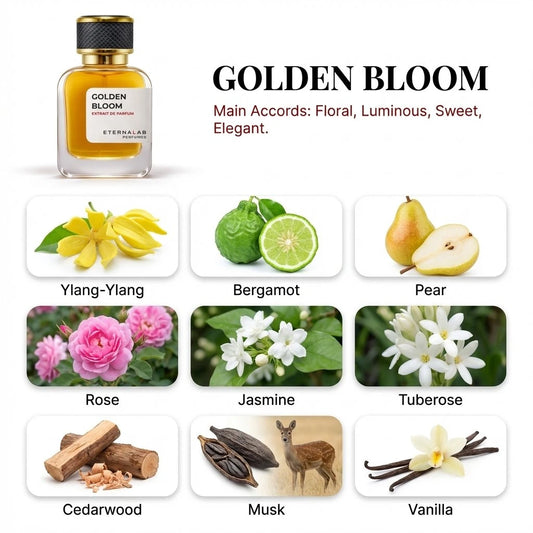 Eterna Lab Golden Bloom perfume bottle, with notes including ylang-ylang, pear, rose, jasmine, cedarwood, musk, and vanilla.