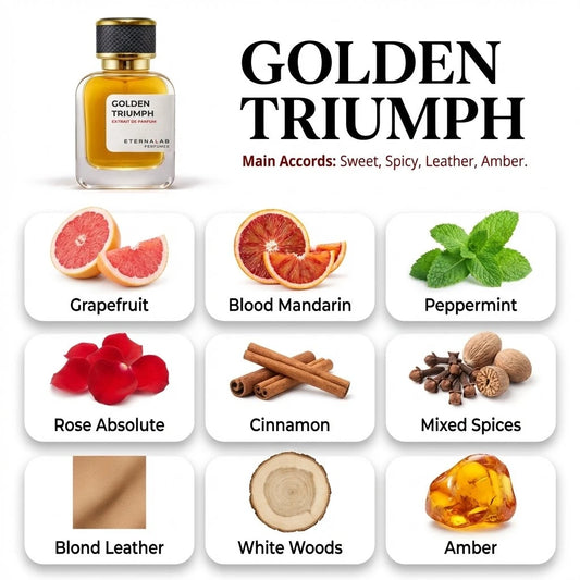 Eterna Lab Golden Triumph perfume featuring blood mandarin, rose absolute, peppermint, cinnamon, blond leather, and amber.