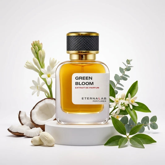 Eterna Lab Green Bloom Extrait de Parfum bottle with notes of white tuberose, coconut, cardamom, orange blossom, and eucal...