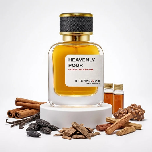 Eterna Lab Heavenly Pour Extrait de Parfum bottle with cinnamon sticks, vanilla beans, tonka, wood, and pralines.