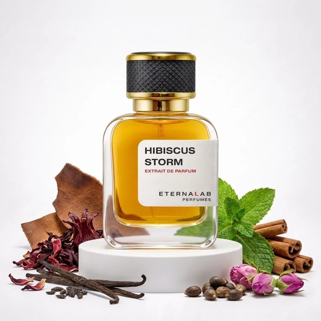 Eterna Lab Hibiscus Storm Extrait de Parfum with hibiscus petals, vanilla beans, mint leaves, cinnamon sticks, rosebuds, a...
