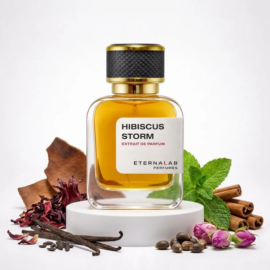 Eterna Lab Hibiscus Storm Extrait de Parfum with hibiscus petals, vanilla beans, mint leaves, cinnamon sticks, rosebuds, a...