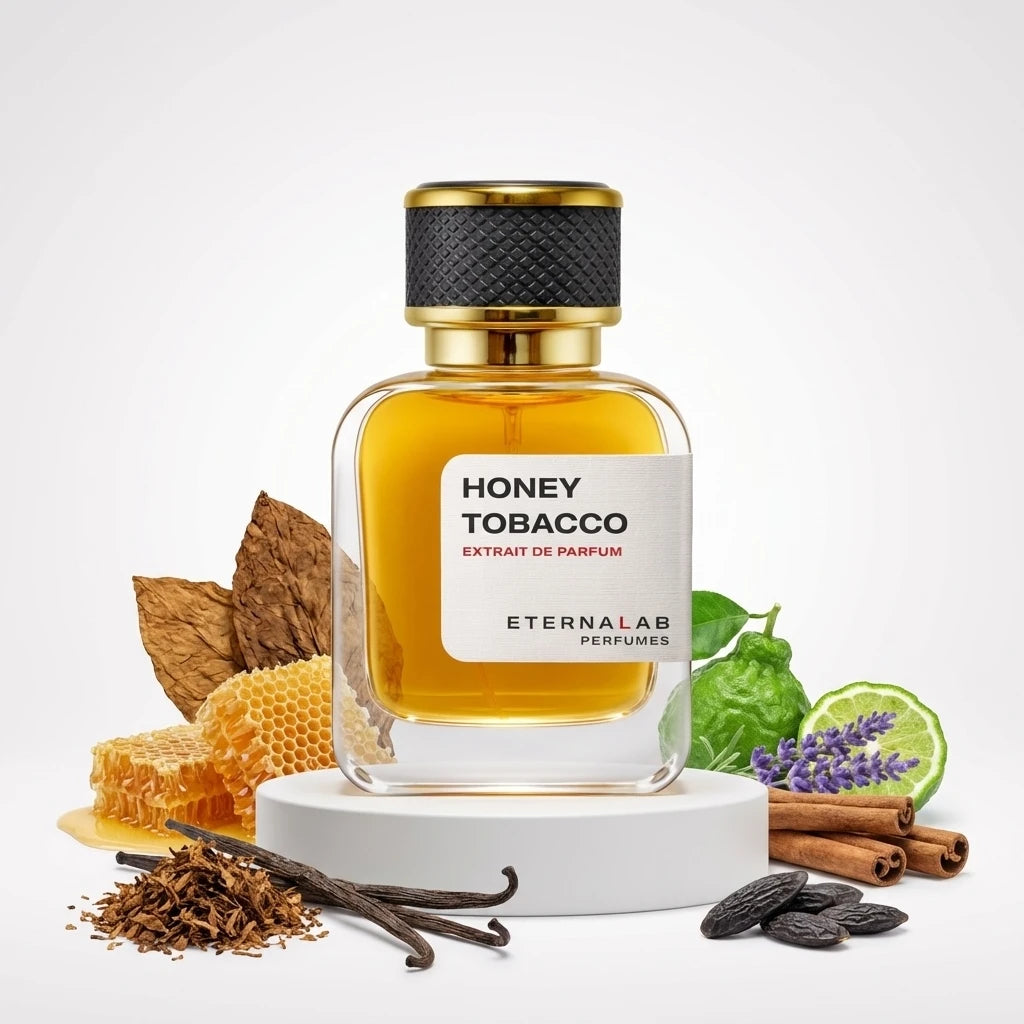 Eterna Lab Honey Tobacco perfume bottle with notes of honey, tobacco, vanilla, bergamot, lavender, cinnamon, and tonka bean.