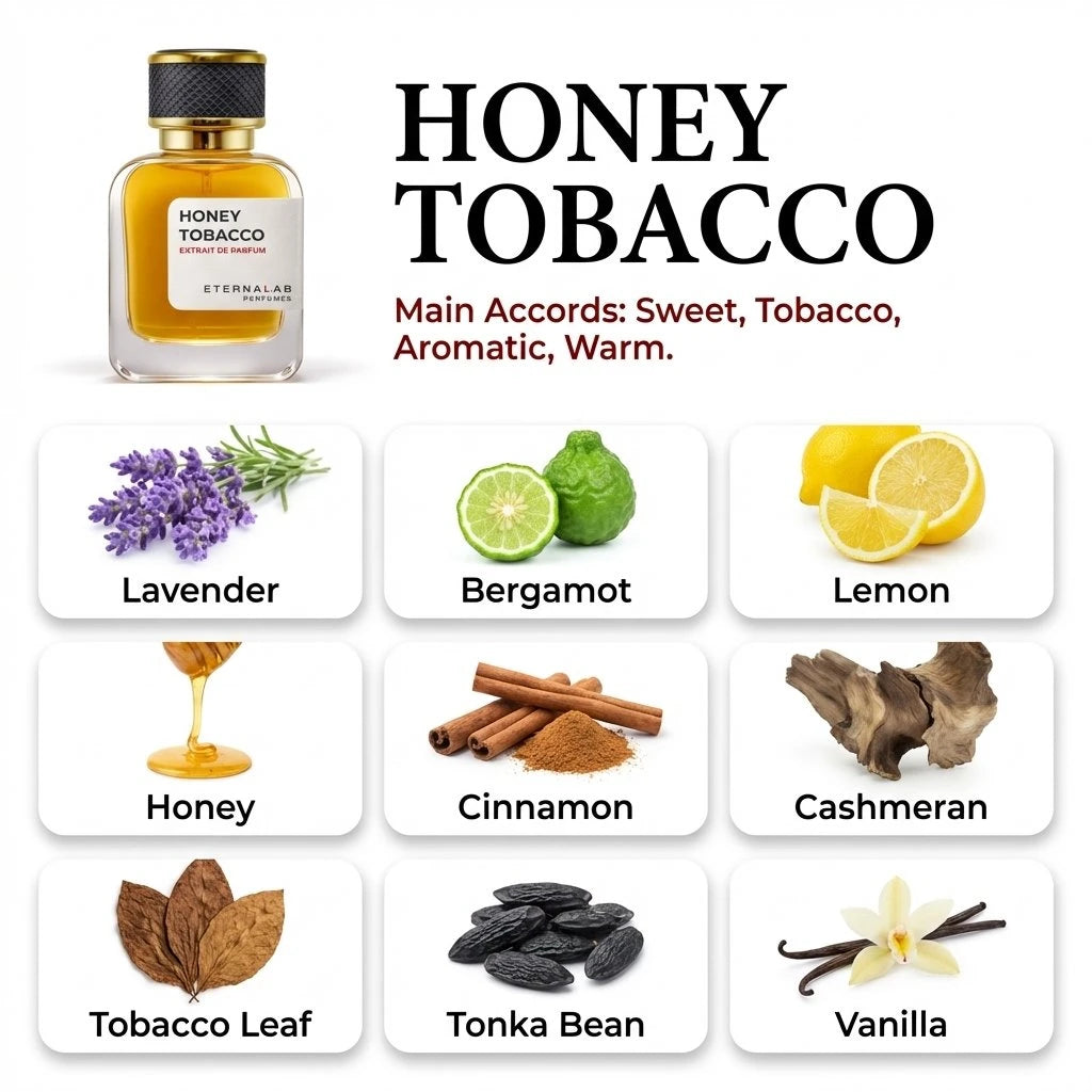 Eterna Lab Honey Tobacco perfume with notes of honey, tobacco leaf, lavender, citrus, cinnamon, wood, tonka, and vanilla.