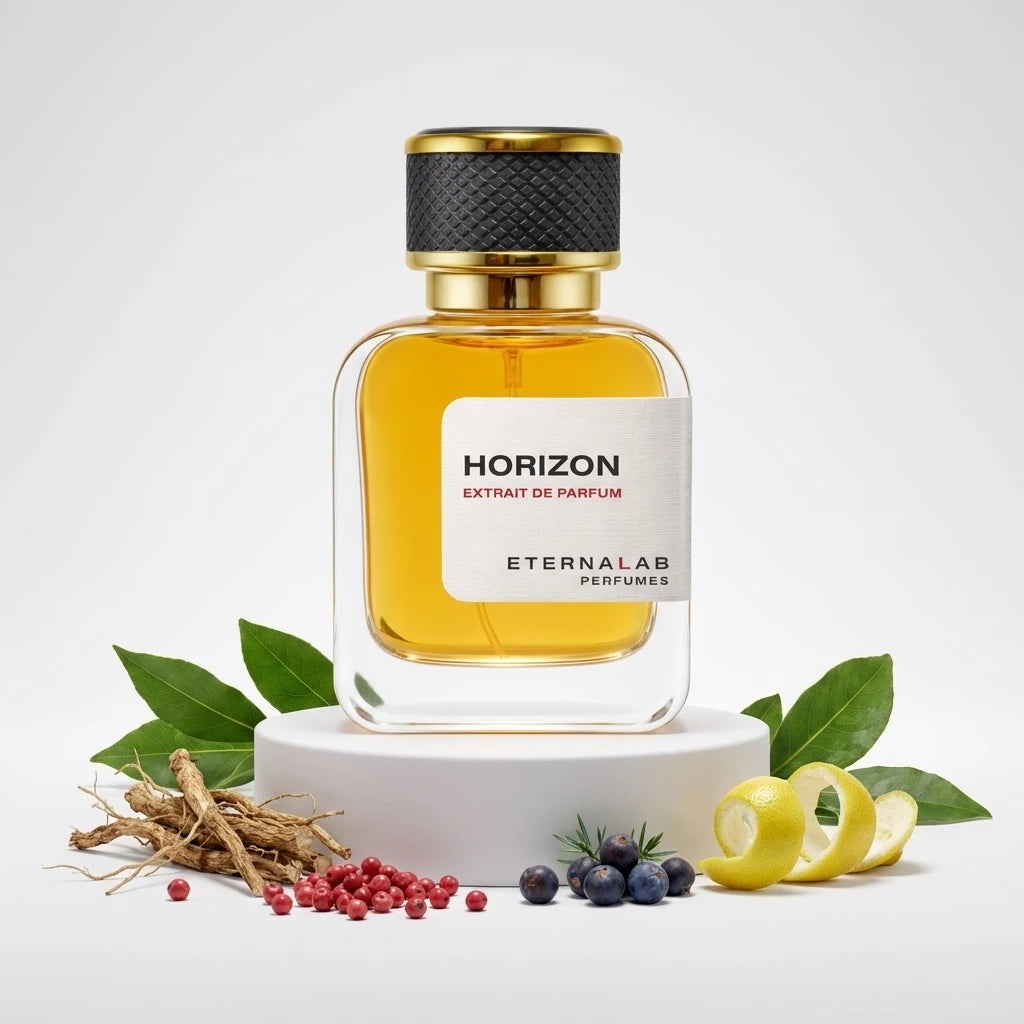 Eterna Lab Horizon Extrait de Parfum bottle surrounded by green leaves, dried roots, pink peppercorns, juniper berries, an...