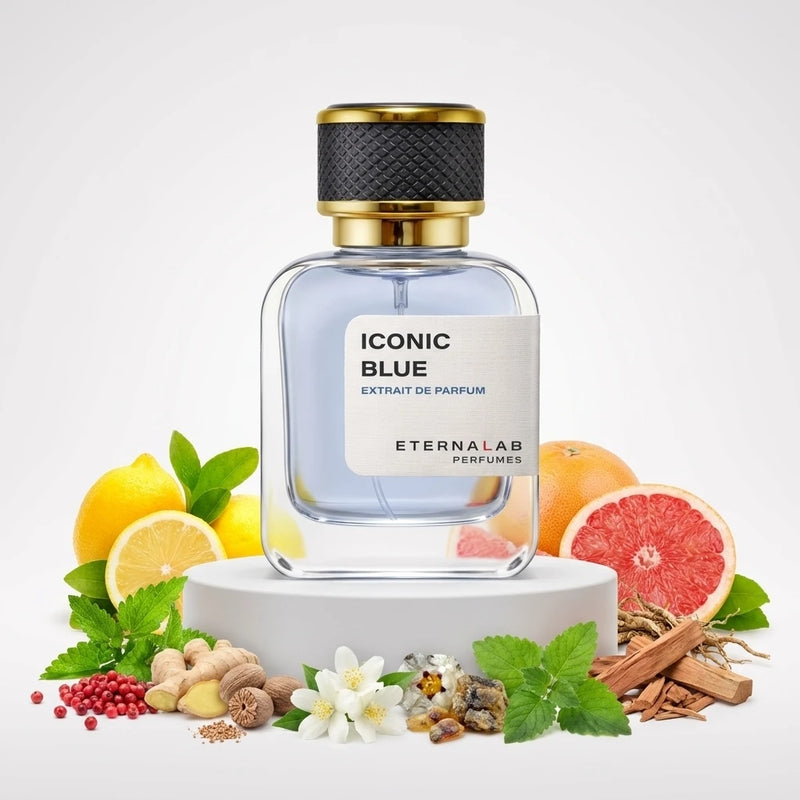 Eterna Lab Iconic Blue Extrait de Parfum bottle with vibrant notes of lemon, grapefruit, ginger, nutmeg, jasmine, mint, an...