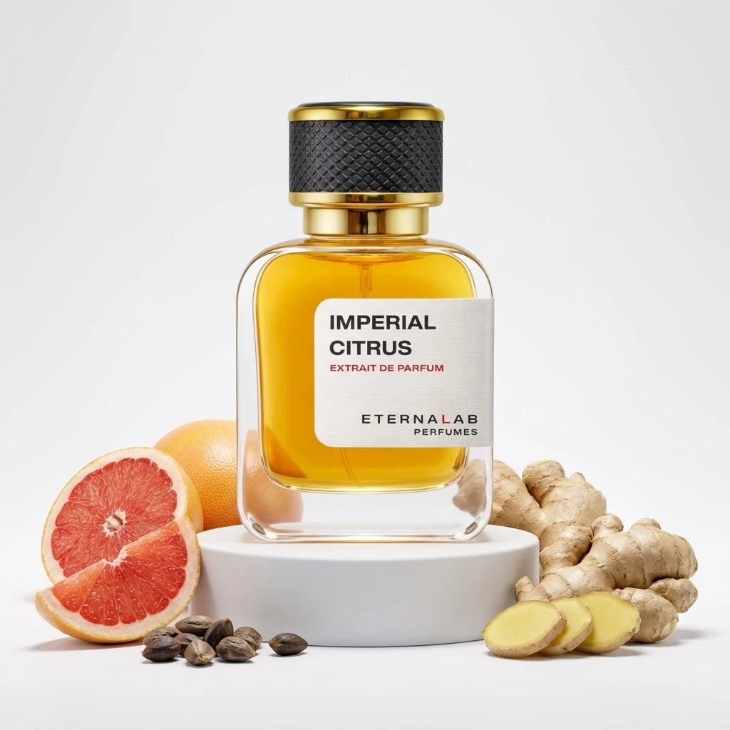Eterna Lab Imperial Citrus Extrait de Parfum bottle, with fresh grapefruit halves, ginger, and spice seeds.
