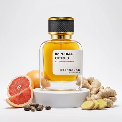 Eterna Lab Imperial Citrus Extrait de Parfum bottle, with fresh grapefruit halves, ginger, and spice seeds.