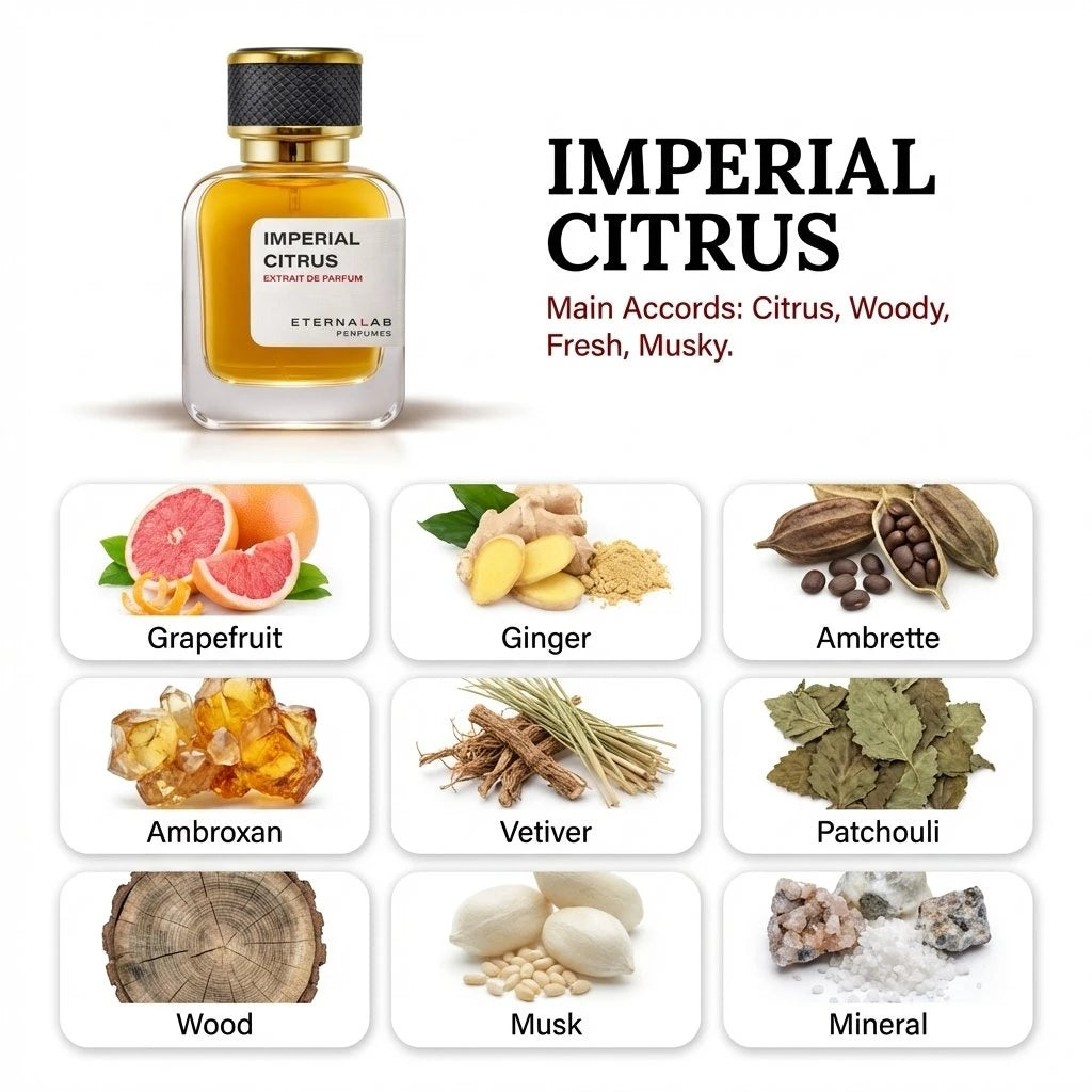 Eterna Lab Imperial Citrus perfume, a fresh woody musk with bright grapefruit, spicy ginger, and earthy patchouli.