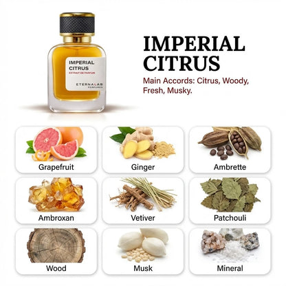 Eterna Lab Imperial Citrus perfume, a fresh woody musk with bright grapefruit, spicy ginger, and earthy patchouli.