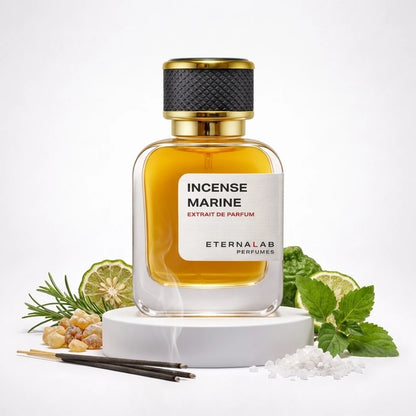 Eterna Lab Incense Marine Extrait de Parfum bottle with frankincense, sea salt, bergamot, rosemary, and mint leaves.