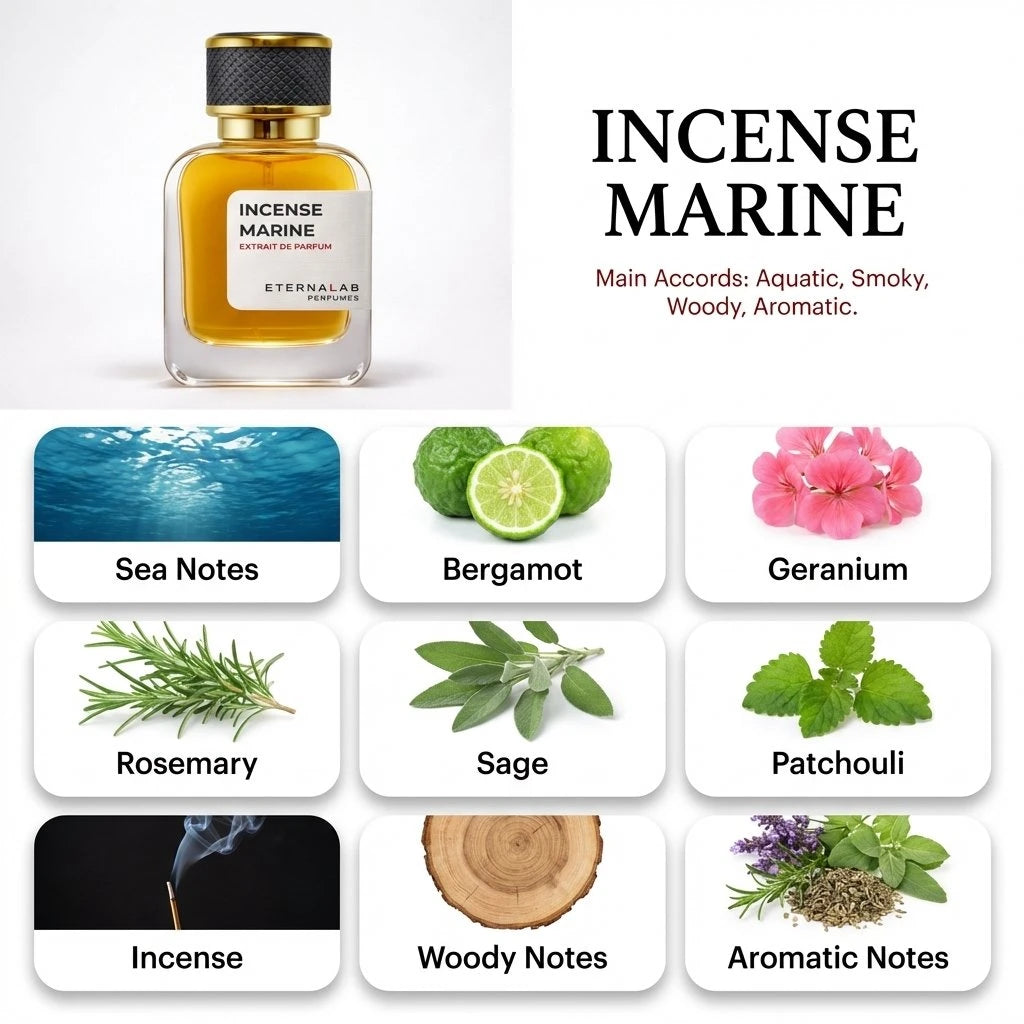 Eterna Lab "Incense Marine" perfume featuring aquatic, smoky, woody, and aromatic notes of bergamot, geranium, rosemary, a...