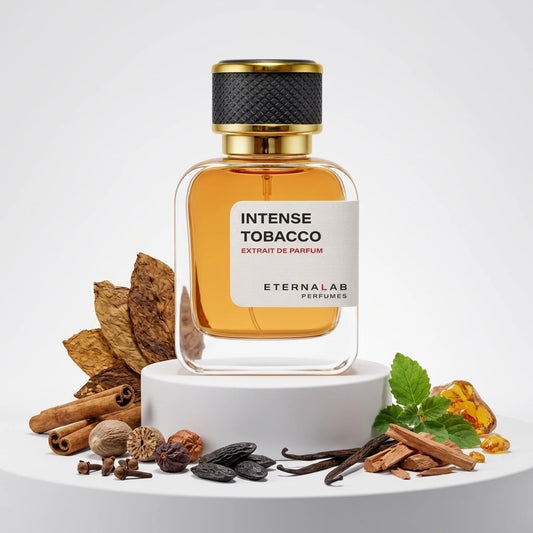 Eterna Lab Intense Tobacco Extrait de Parfum bottle with tobacco leaves, cinnamon, nutmeg, tonka, vanilla, sandalwood, amb...