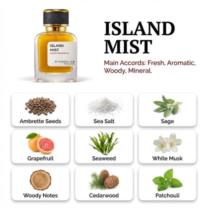 Eterna Lab Island Mist Extrait de Parfum with fresh grapefruit, sea salt, seaweed, sage, patchouli, woods, and musk.
