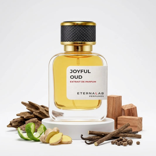 Eterna Lab Joyful Oud Extrait de Parfum bottle surrounded by oud wood, sandalwood, lime peel, ginger, vanilla pods, and pe...