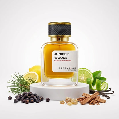Eterna Lab Juniper Woods perfume bottle with berries, pine needles, lemon, lime, frankincense resin, sandalwood, and vanil...