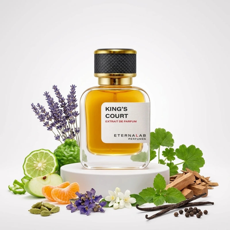 Eterna Lab King's Court Extrait de Parfum bottle, lavender, bergamot, tangerine, cardamom, sandalwood, vanilla, pepper.