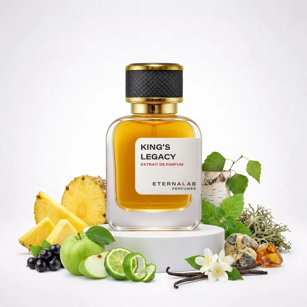 Eterna Lab King's Legacy perfume with pineapple, green apple, lime, blackcurrant, jasmine, vanilla, birch, and amber notes.