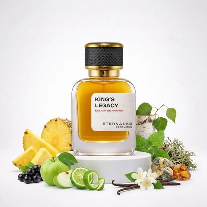 Eterna Lab King's Legacy perfume with pineapple, green apple, lime, blackcurrant, jasmine, vanilla, birch, and amber notes.