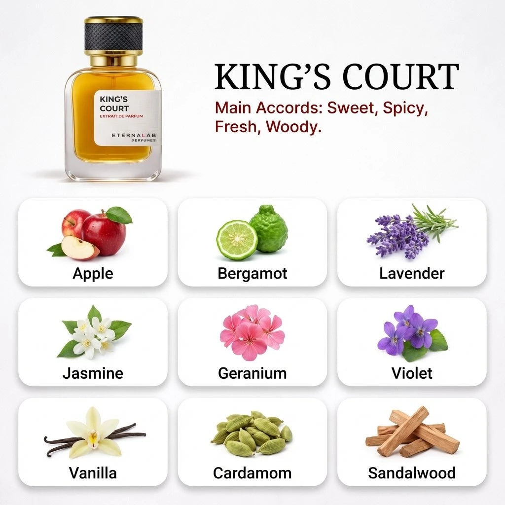 Eterna Lab King's Court perfume, a sweet, spicy, fresh, woody fragrance with apple, lavender, vanilla, sandalwood notes.