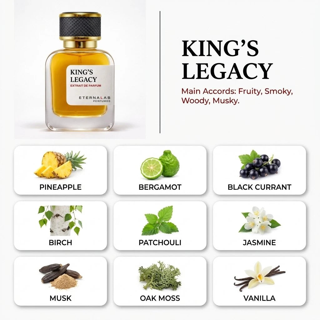 Eterna Lab King's Legacy perfume with notes of pineapple, bergamot, black currant, birch, patchouli, jasmine, musk, oak mo...