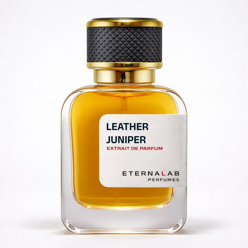 Eterna Lab Leather Juniper Extrait de Parfum in a clear glass bottle with a prominent white label.