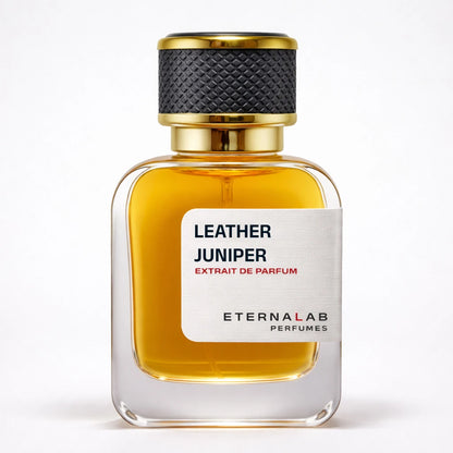 Eterna Lab Leather Juniper Extrait de Parfum in a clear glass bottle with a prominent white label.