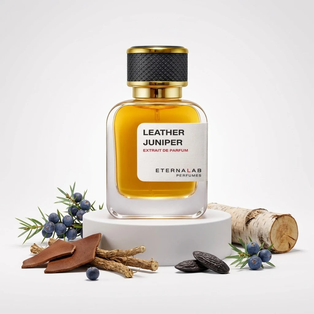 Eterna Lab Leather Juniper perfume bottle featuring juniper berries, leather pieces, woody sticks, tonka beans, and birch ...