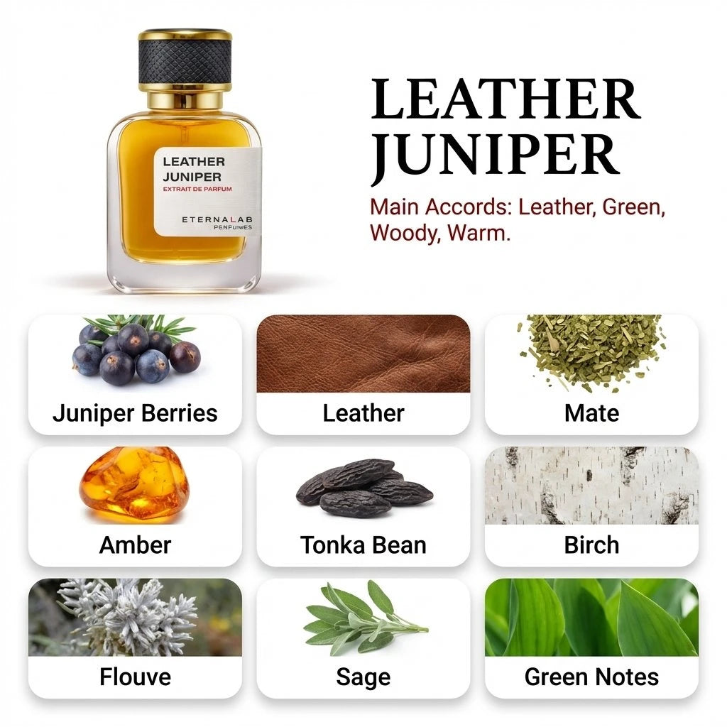 Eterna Lab Leather Juniper perfume bottle displaying key scent notes: juniper berries, leather, mate, amber, tonka, birch,...