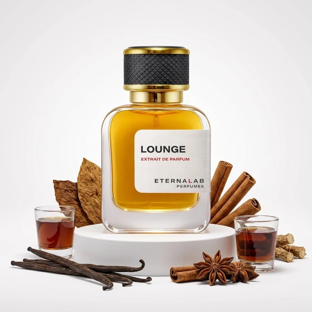 Eterna Lab Lounge perfume bottle displays notes of tobacco leaves, vanilla, cinnamon sticks, star anise, and dark liquor.