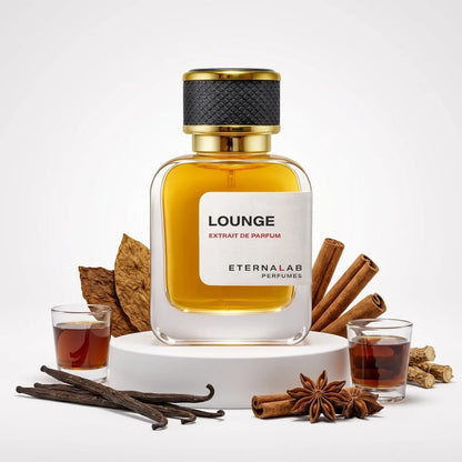 Eterna Lab Lounge perfume bottle displays notes of tobacco leaves, vanilla, cinnamon sticks, star anise, and dark liquor.