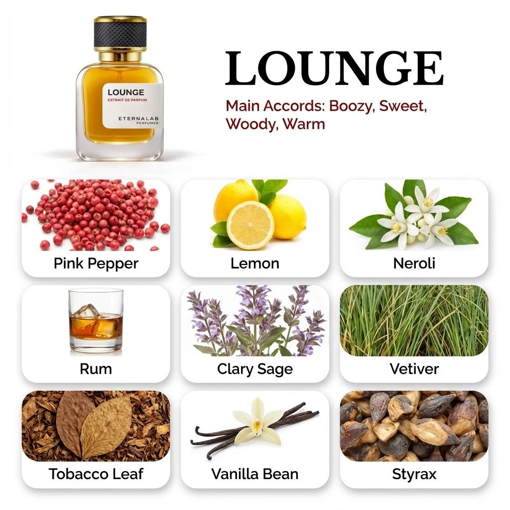 Eterna Lab Lounge perfume features notes of pink pepper, lemon, neroli, rum, clary sage, vetiver, tobacco, vanilla, and st...