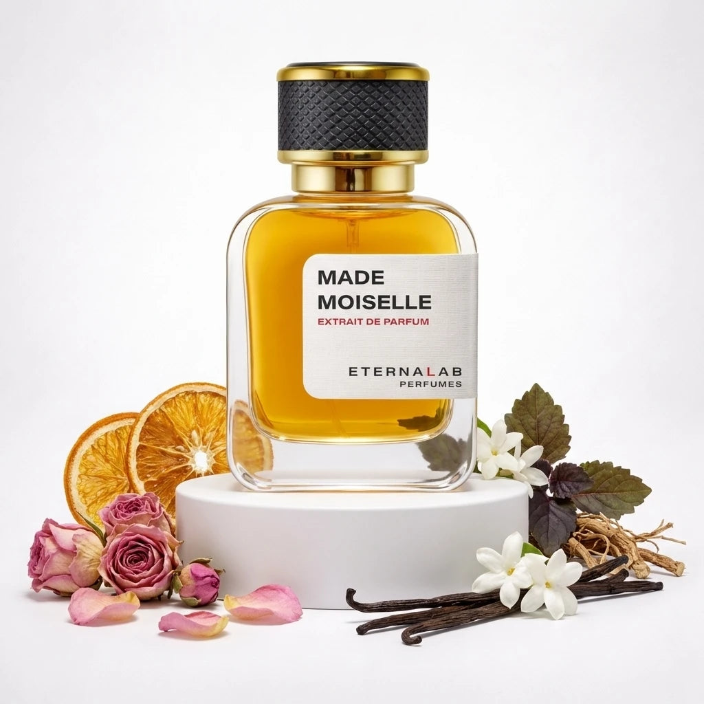 Eterna Lab Made Moiselle Extrait de Parfum bottle surrounded by dried orange slices, pink roses, white jasmine, and vanill...