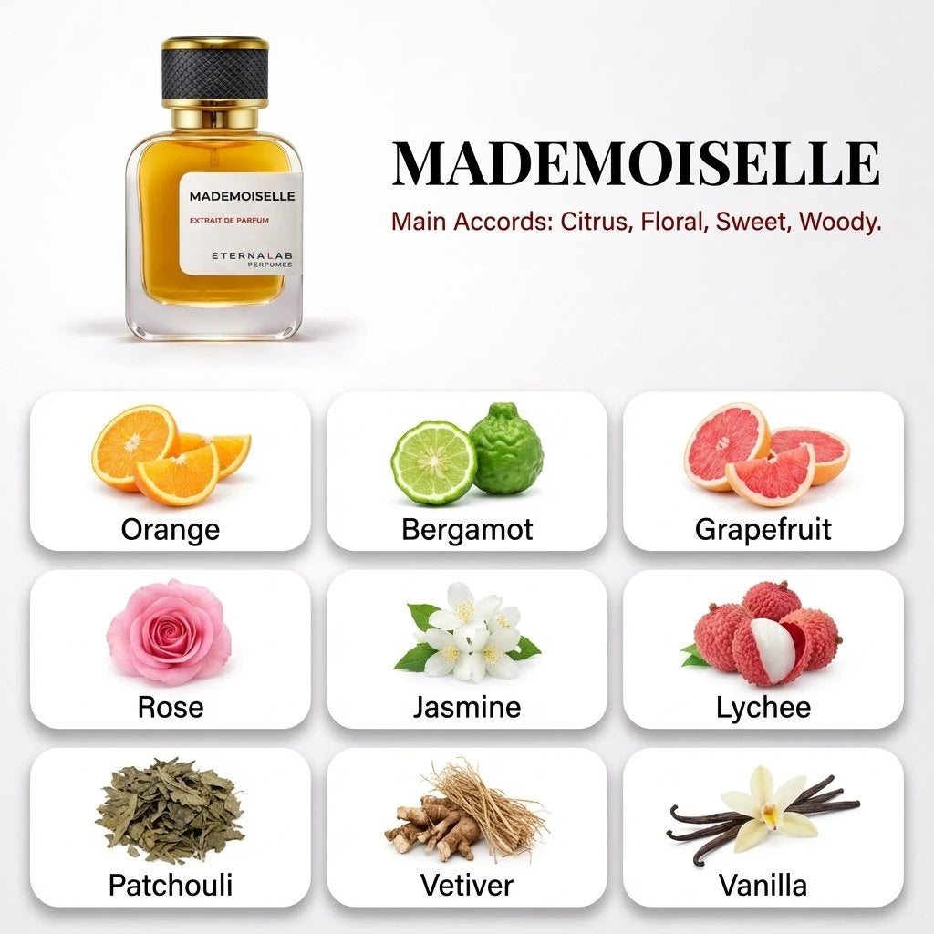 Eterna Lab Mademoiselle perfume showcasing notes of orange, bergamot, grapefruit, rose, jasmine, lychee, patchouli, vetive...
