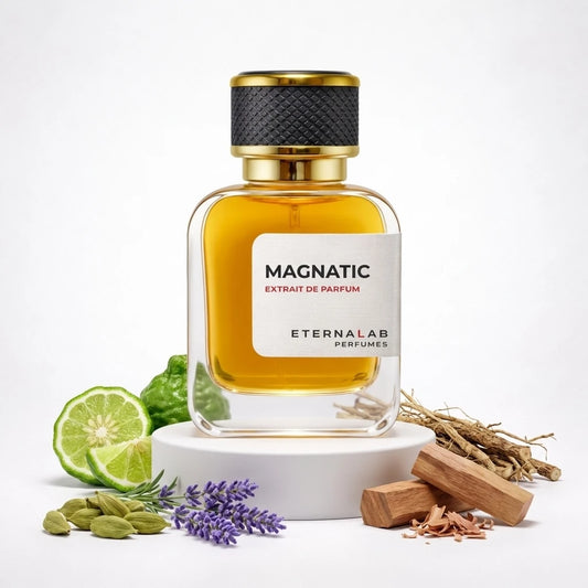 Eterna Lab Magnatic Extrait de Parfum bottle with bergamot, cardamom, lavender, sandalwood, and vetiver roots.