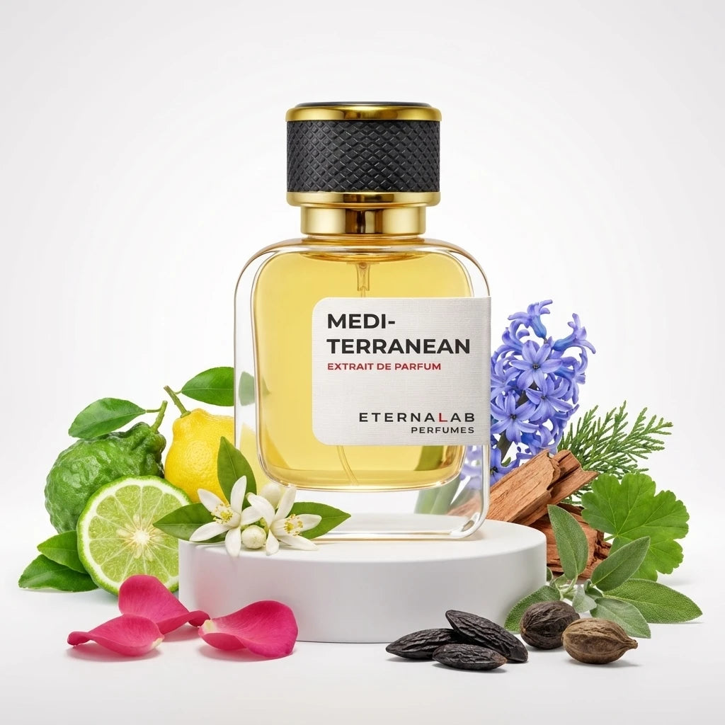 Eterna Lab Mediterranean perfume bottle with bergamot, lemon, neroli, rose, hyacinth, cinnamon, sage, and tonka beans.