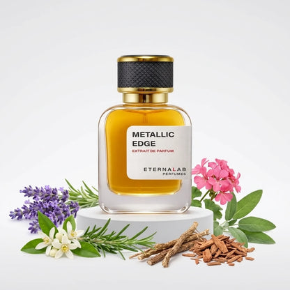 Eterna Lab Metallic Edge Extrait de Parfum with lavender, orange blossom, rosemary, geranium, sage, dried roots, and wood ...