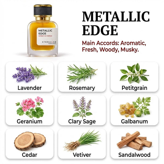 Eterna Lab Metallic Edge perfume: lavender, rosemary, petitgrain, geranium, clary sage, galbanum, cedar, vetiver, sandalwood.