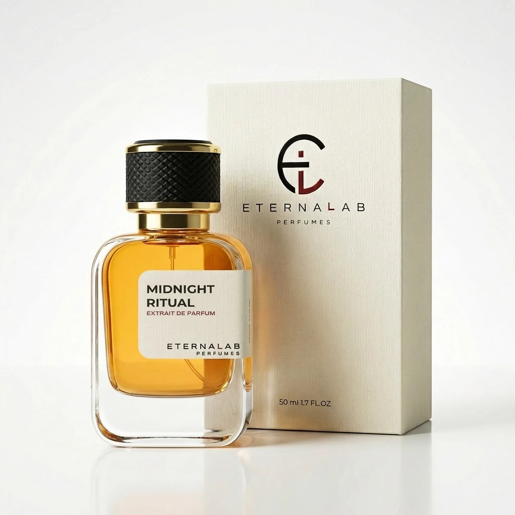 Eterna Lab Midnight Ritual Extrait de Parfum in a clear glass bottle with its beige box, evoking a deep, mysterious scent.