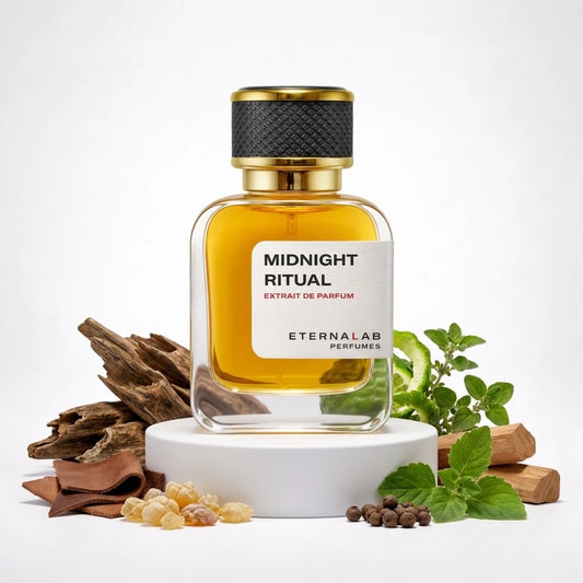 Eterna Lab Midnight Ritual perfume bottle with oud wood, leather, frankincense, fresh herbs, peppercorns, and bergamot.