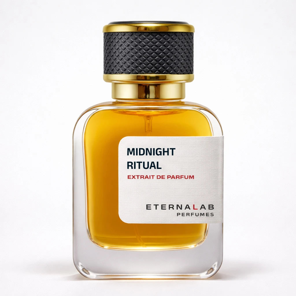 Eterna Lab Perfumes Midnight Ritual Extrait de Parfum, a deep and mysterious fragrance in a clear glass bottle.